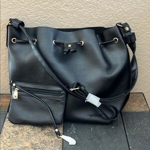 NEW Vegan Leather Shoulder Bag and Zipper Wallet Black